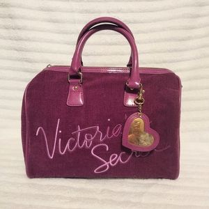 Women Victoria Secrets Purple Faux Suede Embroidered Double Handle Hand Bag